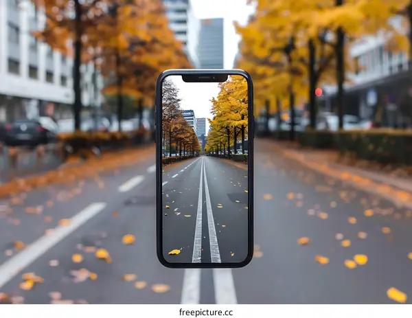 Smartphone Screen Showing City Street in Autumn