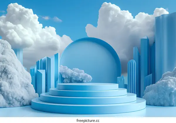 Blue and white clouds under geometric shapes
