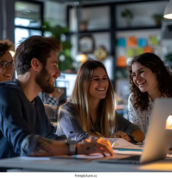 Colleagues working together in the office and smiling
