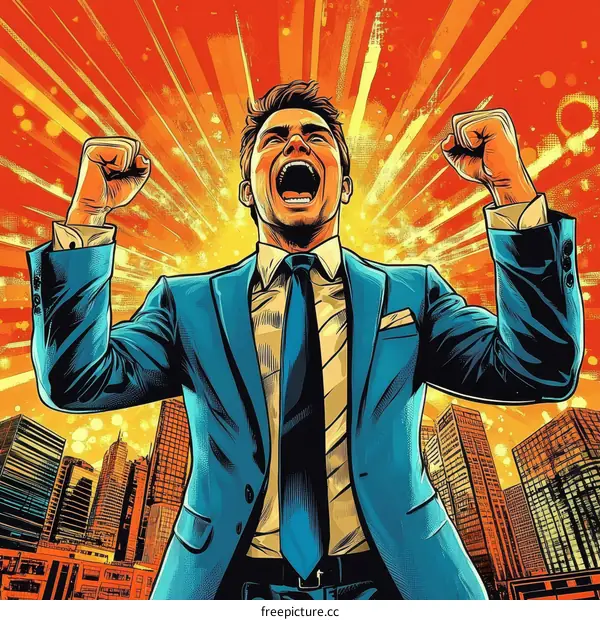 Successful Businessman Celebrating Victory in Cityscape