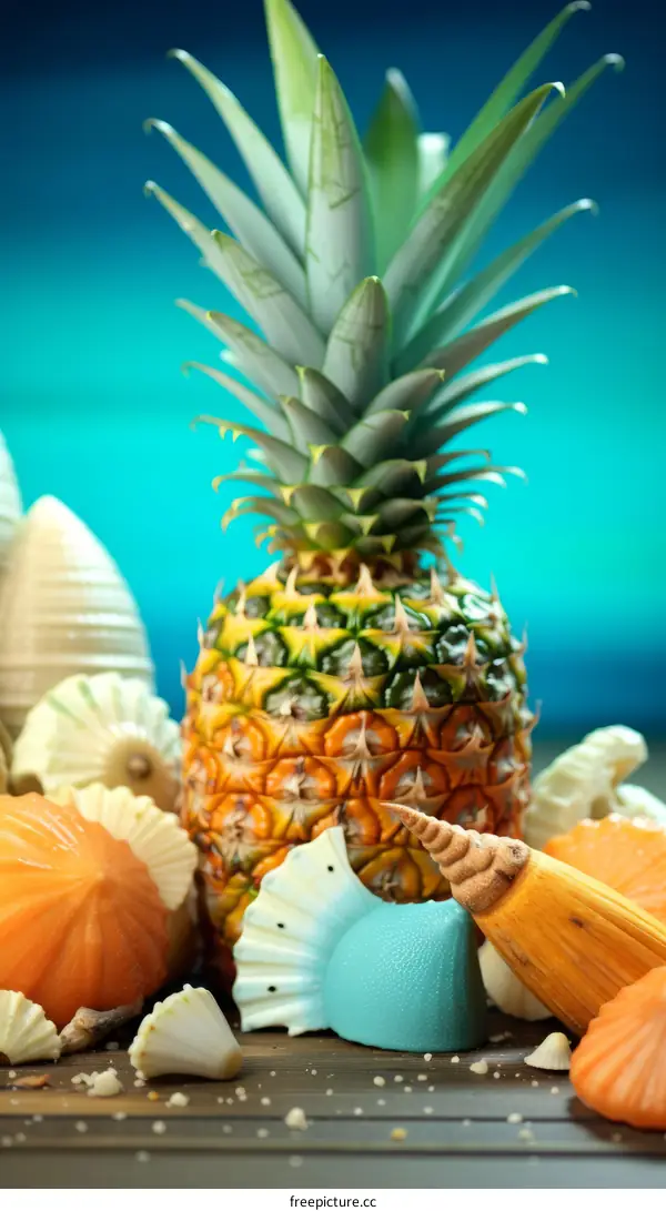A pineapple surrounded by seashells and other tropical fruits