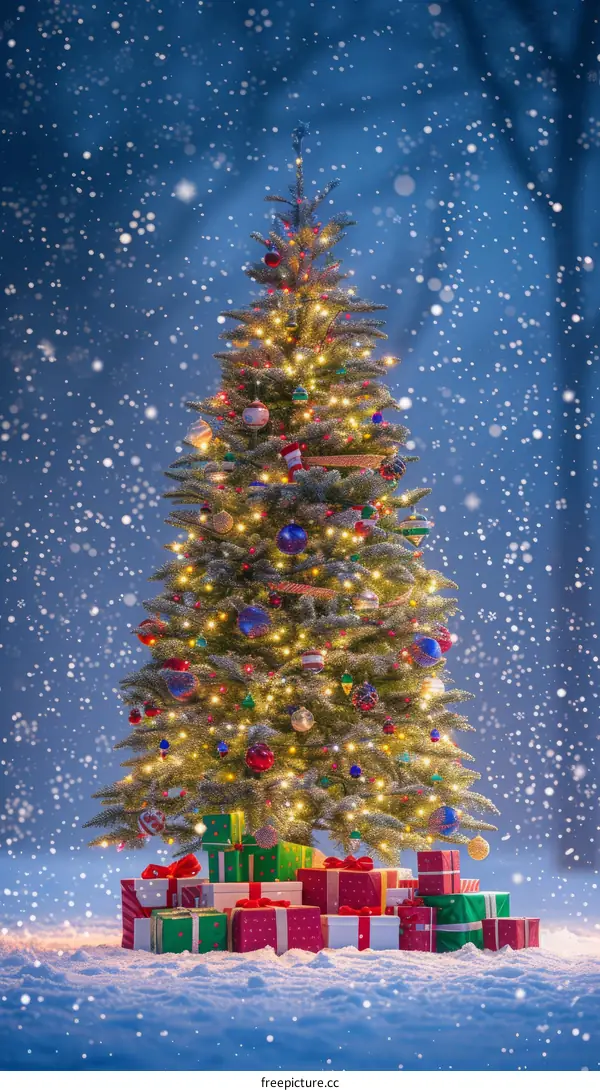 Christmas tree in the snow with presents