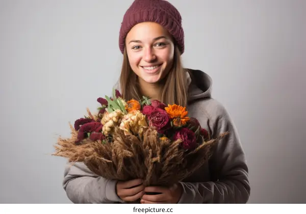 Portrait of a young woman holding a bouquet of flowers