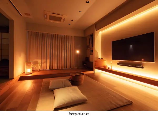 Japanese Style Living Room Interior Design with Warm Lighting