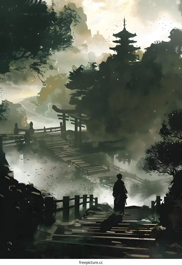 Silhouette of a Person Walking Up Stairs to a Pagoda in a Misty Mountain Landscape