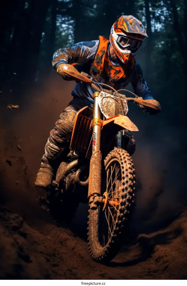 Dirt bike rider in protective gear racing through a forest
