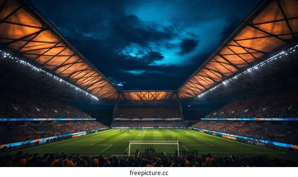 Exciting Soccer Match in a Packed Stadium with Roaring Spectators