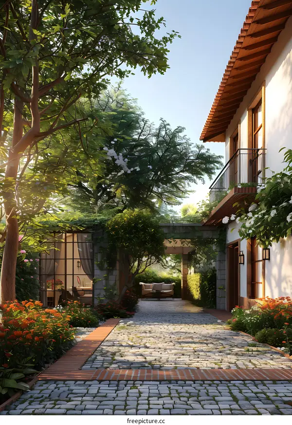 Cobblestone Pathway Leading to a Beautiful House with Lush Greenery
