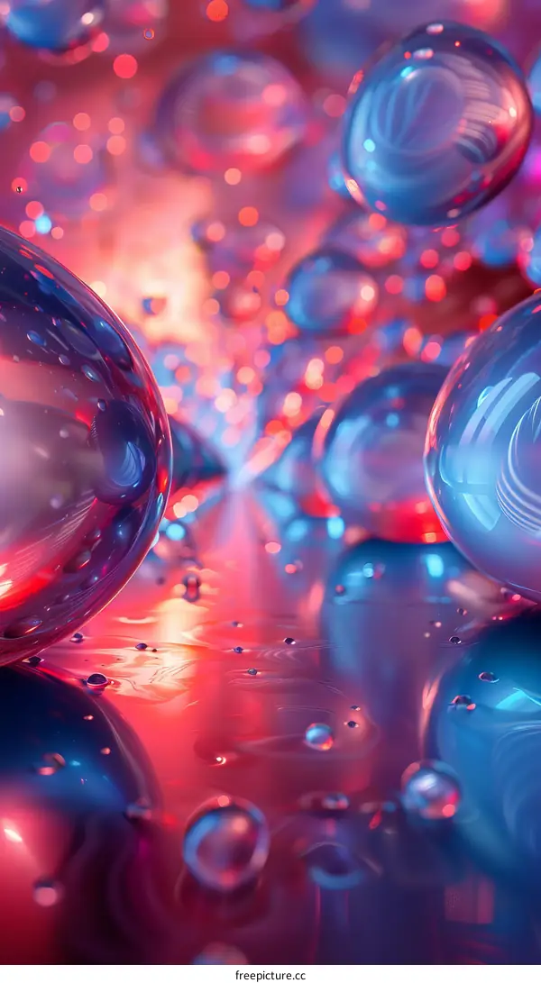 Red and blue lights illuminate spheres