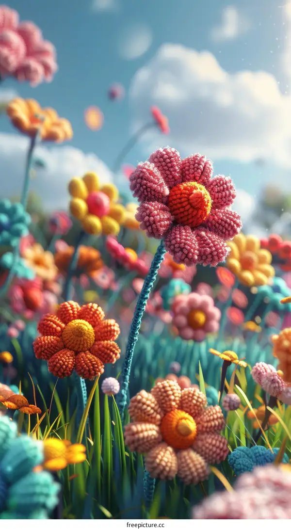 Close-up of a field of colorful 3D flowers