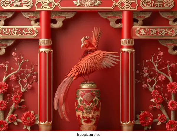 Chinese New Year Red Pheasant Illustration