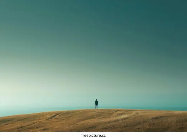 Man standing alone on a hilltop overlooking the ocean