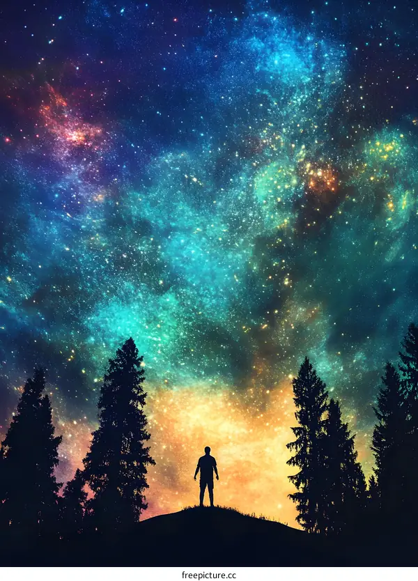 Silhouette of Man Standing Under a Starry Sky