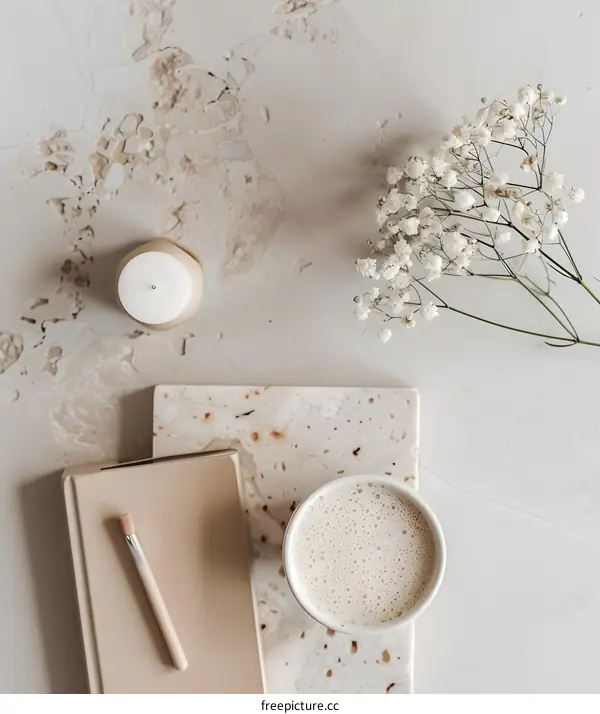 Minimalist Flatlay With White Flowers, Candle, Coffee and Notebook on White Background