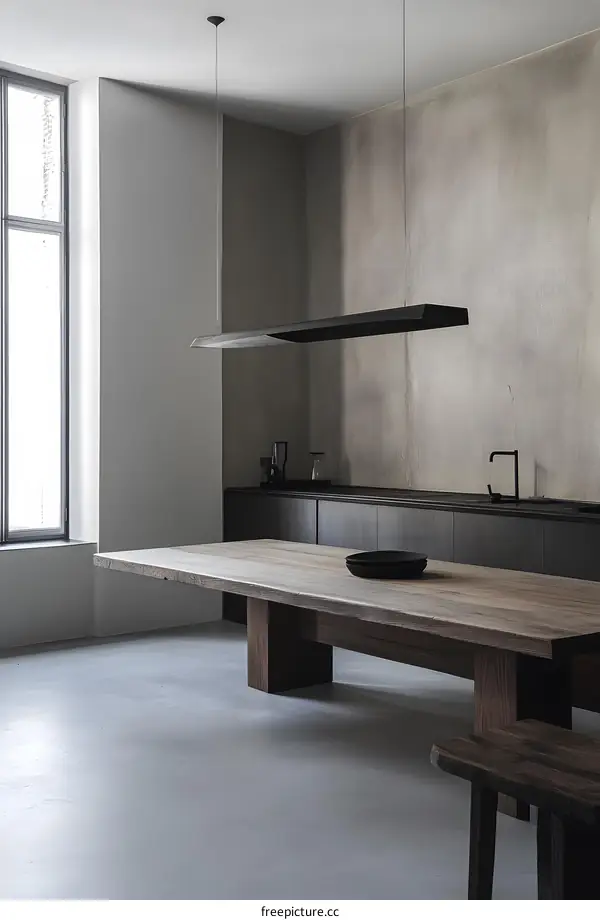 Minimalist Kitchen Interior Design with Wooden Table and Pendant Light