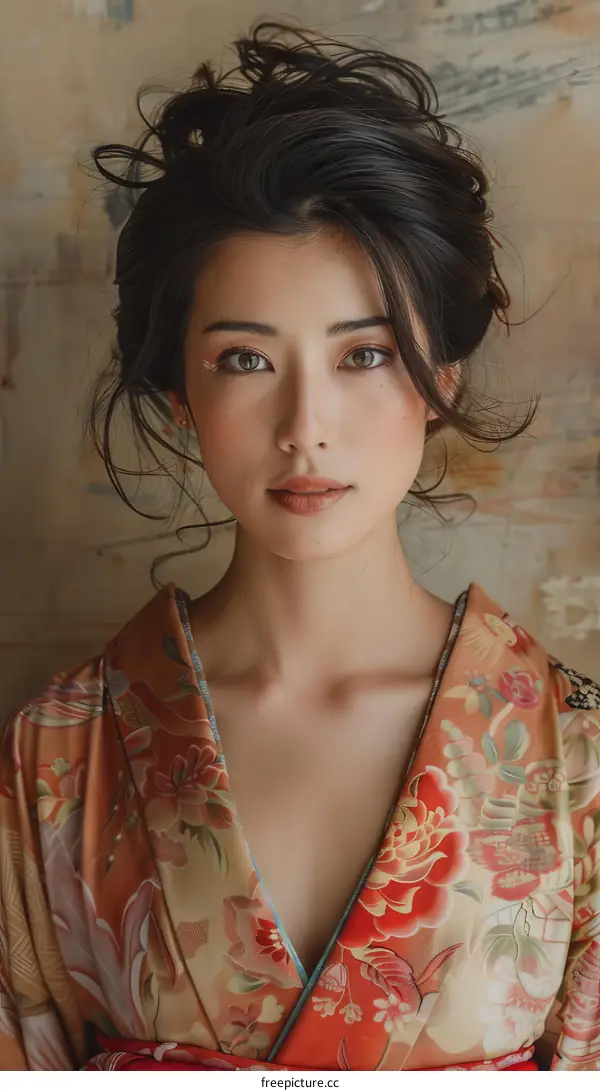 Portrait of a beautiful Asian woman in traditional Japanese kimono