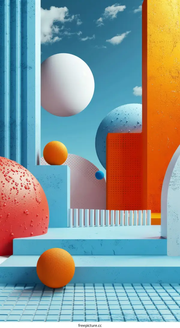Colorful Geometric Landscape with Balls and Podiums
