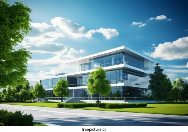Modern glass office building with trees and blue sky