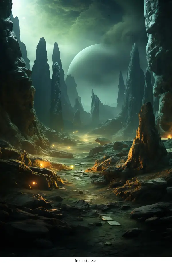 Mystical moonlit rocky valley path