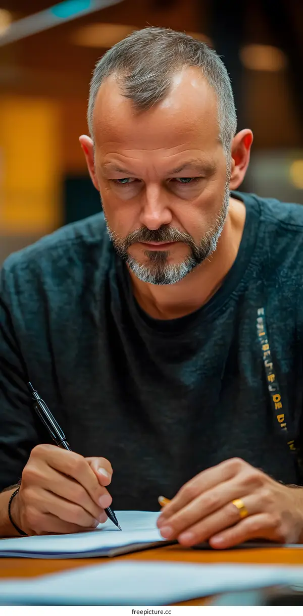 Caucasian Man Writing on Paper with Pen