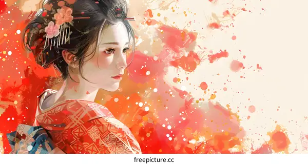 Japanese Woman in Traditional Kimono with Watercolor Background