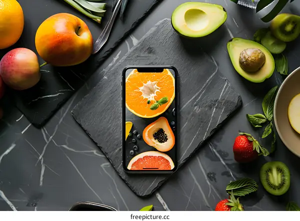 Smartphone with a Photo of Fruits on a Slate Plate