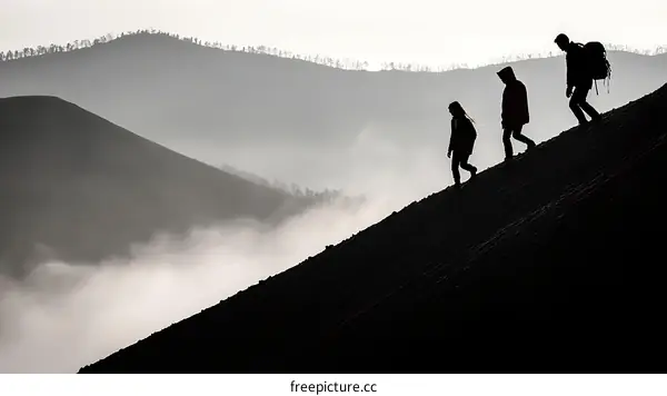Hikers Ascending a Mountain Slope Silhouette