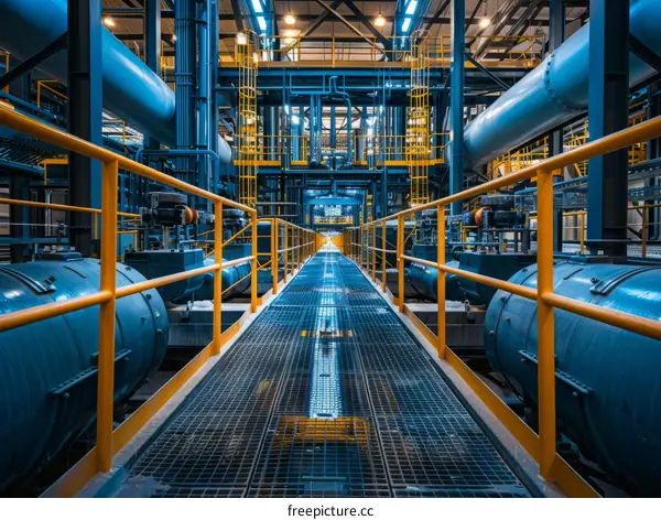 Blue Pipes and Yellow Handrails in an Industrial Building