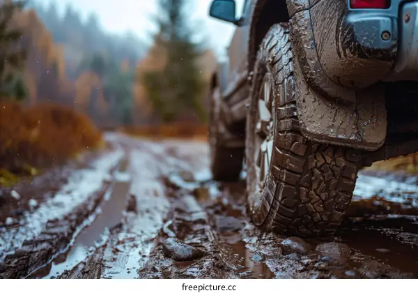 Muddy tire of an off-road vehicle on a muddy road