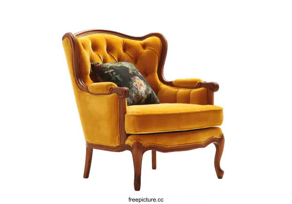 [Transparent Background PNG]Vintage Mustard Yellow Upholstered Armchair