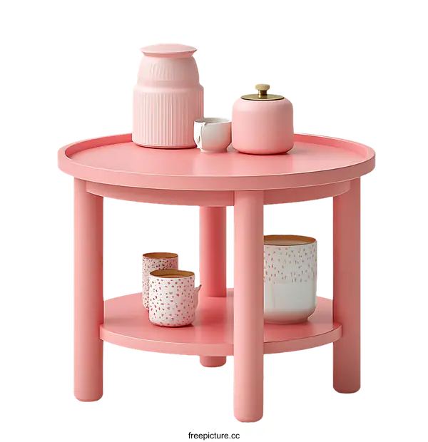 [Transparent Background PNG]Pink Round Coffee Table with Decor