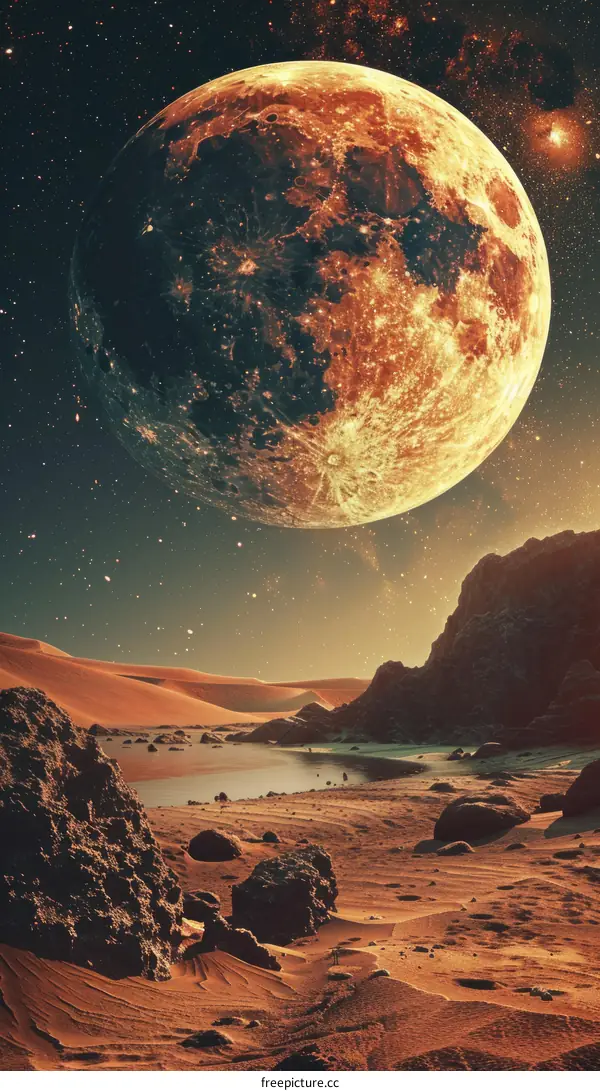 Surreal landscape with a giant moon over a desert