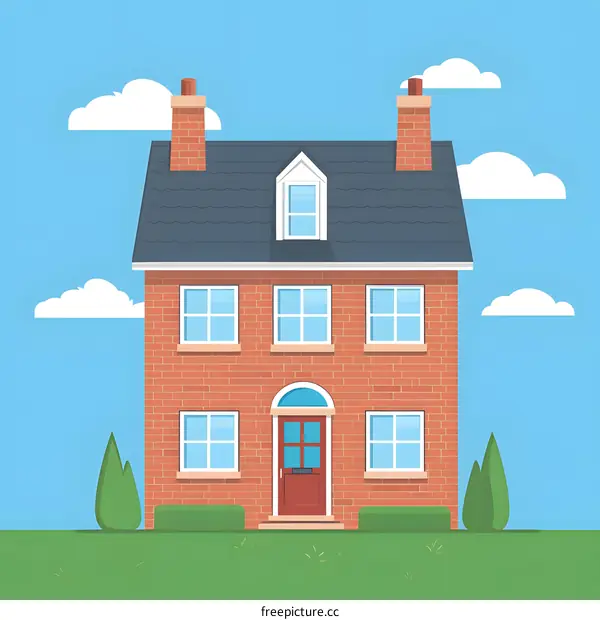 Two Story Brick House with Red Door and Green Lawn