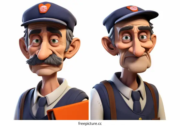 Two elderly postmen with mustaches and blue uniforms