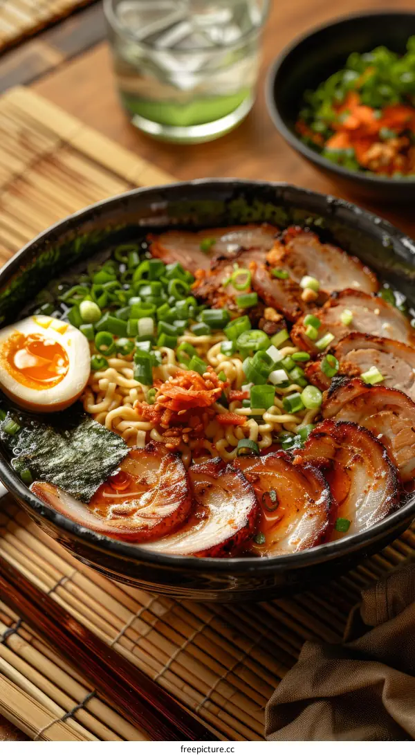 A delicious bowl of ramen with pork, egg, and vegetables