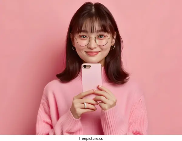 Smiling Asian Woman Holding Pink Phone Against Pink Background