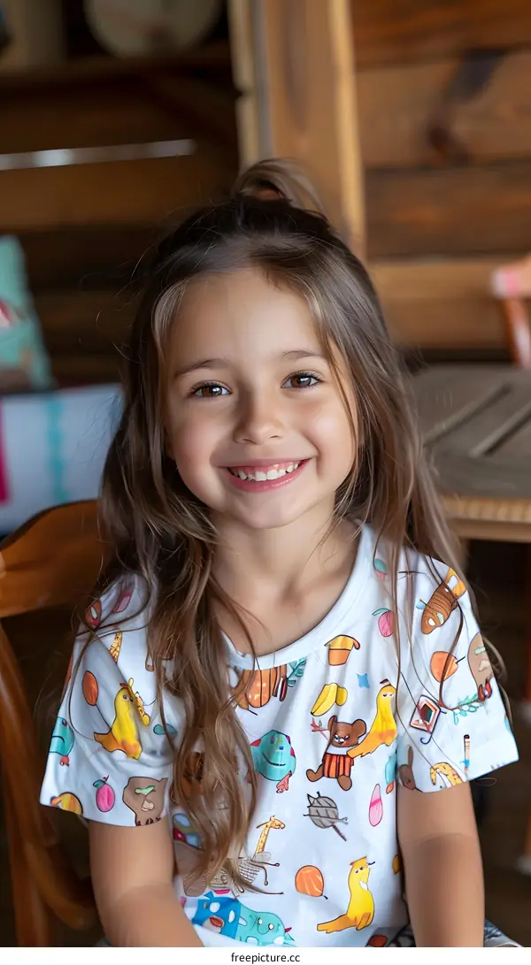 Portrait of a Smiling Little Girl Wearing a Colorful Cartoon T Shirt