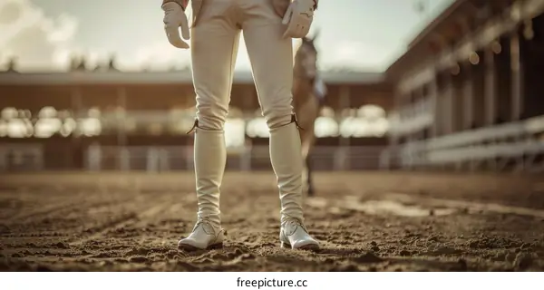 A man wearing a white suit and boots is standing in a field.