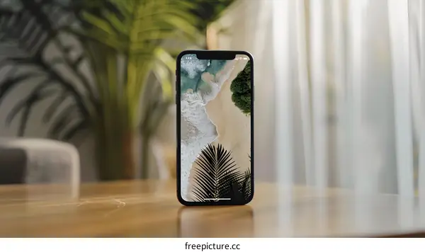 Smartphone with Beach and Palm Tree Wallpaper on Wooden Table