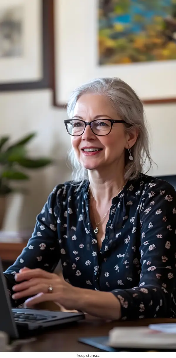Smiling Woman Working on Laptop at Desk in Office