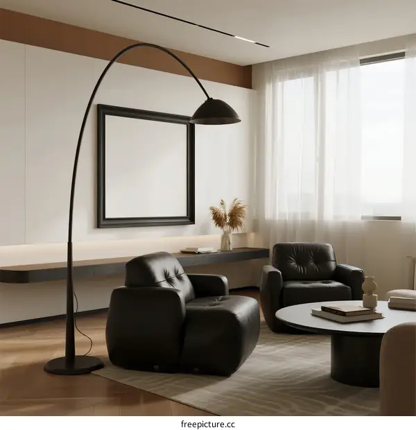 Modern Living Room with Arched Floor Lamp and Black Furniture