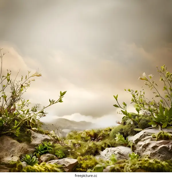 Green Mossy Rocks with Cloudy Sky