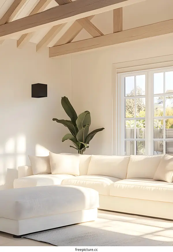 Modern Interior Design with White Sofa and Wooden Beams