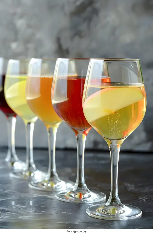 Row of Glass Wine Glasses with Different Colored Drinks