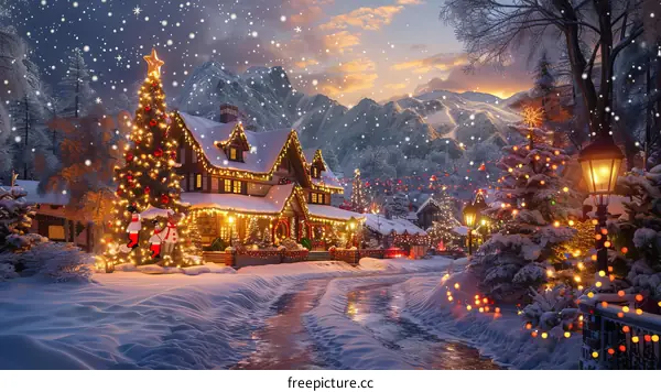 Snowy Christmas Village Nestled in the Mountains