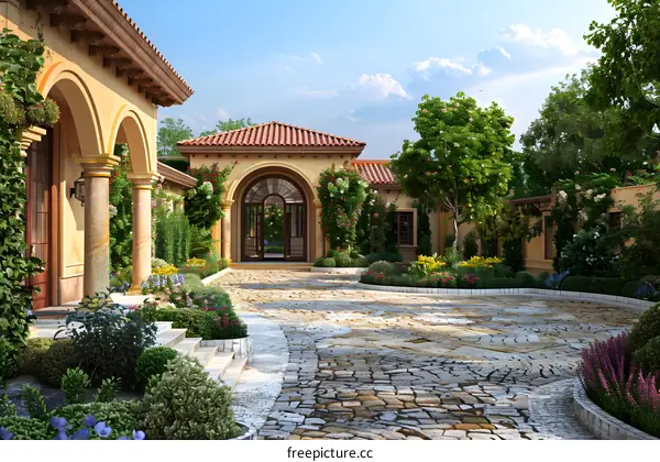 Beautiful Italian Style Villa Garden With Stone Pavement