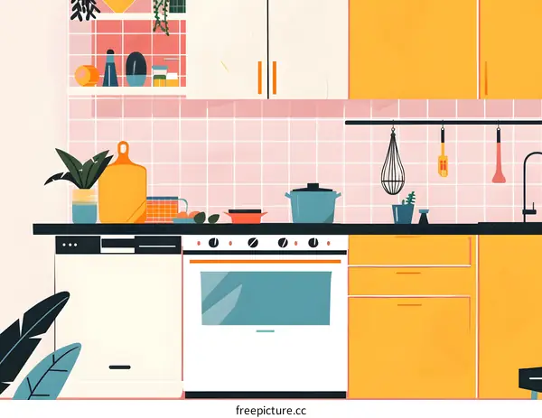 Modern Kitchen Interior Design Illustration With White Oven and Pink Tiles