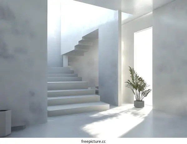 Minimalist Interior Design with White Staircase and Sunlight