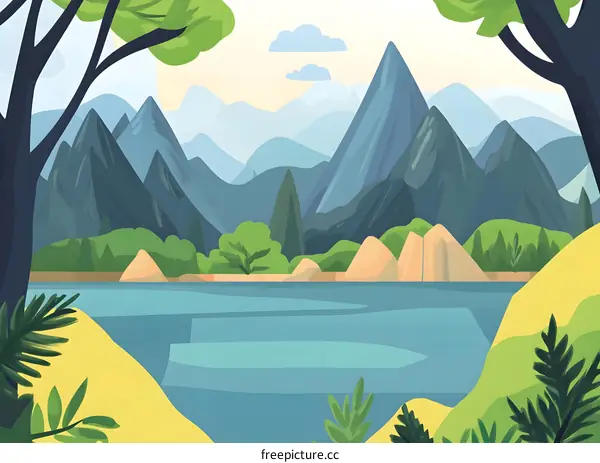 Mountain Lake Landscape Illustration