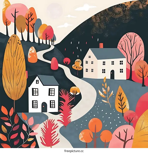 Autumn Landscape with Two White Houses and Winding Road